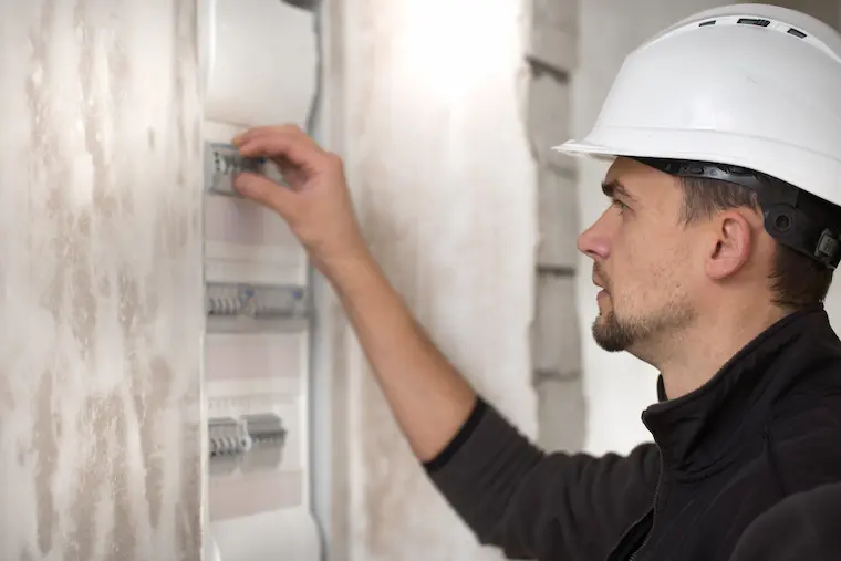 Elettricista durante la realizzazione di un impianto a Bologna